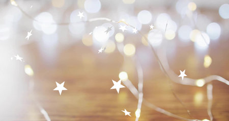 Glowing thin-wire fairy lights creating warm bokeh on wood table with scattered white star overlays....