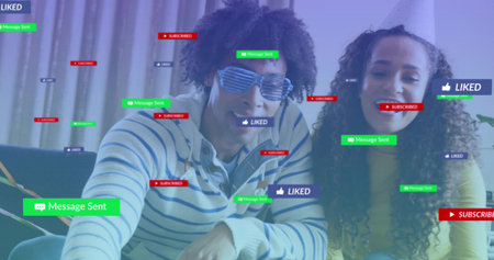 Likes and msgs arriving, pair on couch reaching and smiling, UI badges floating showing activity....