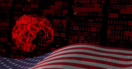 Rotating red wireframe globe at left, streaming binary columns over wavy American flag, copy space. Cyberspace, geopolitics, data, code, continents, neon, dashboardsの写真素材