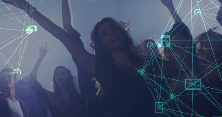 Raising arms, woman with necklace smiling, tilting and dancing in nightclub with teal overlay....