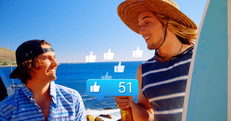 Talking men in straw-hat backward-cap striped-shirts holding surfboard bottle at coast 51 likes....