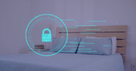Showing bed with blue bedding, slatted headboard in bedroom, displaying AR padlock above mattress....