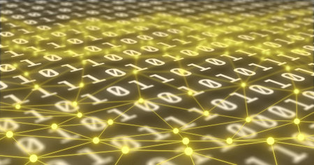 Animation of binary code over connections and globe on violet background