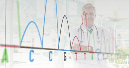 Presenting doctor white lab coat, steth pointing glass graphs in clinic, letters ACCGTT, copy space....