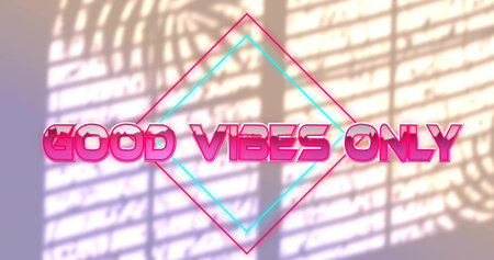 Featuring pink 3D GOOD VIBES ONLY text glowing on room wall, with neon diamonds, blinds shadows....