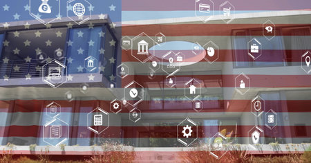 Showing apartment on street with balconies, glass rails, sliding doors, US flag overlay, hex icons....