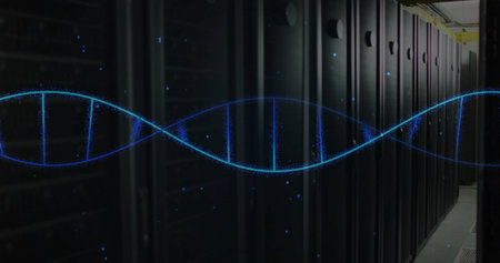 Vertical video: Pulsing blue DNA helix reacting to stream in data center aisle, showing rack usage....