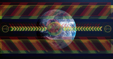 Showing Earth at center in stars with arrow band, target red-yellow-green stripes end arrows glitch....