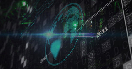 Pulsing cyan-green Earth globe rotating in HUD, showing dotted orbital ring, nodes, 2008 2011....