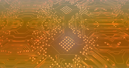 PCB central region catching studio light, revealing BGA footprint, radial traces, copper pads....