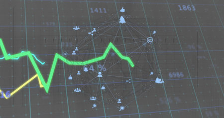 Running neon green trend line traversing center dark gray grid with thin yellow line, labels, icons....