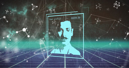 Displaying hologram pixelated profile window floating above purple grid plane with numeric readout....
