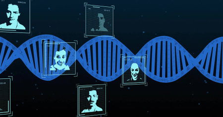 Displaying large blue DNA helix across dashboard, showing framed portraits with detection boxes....