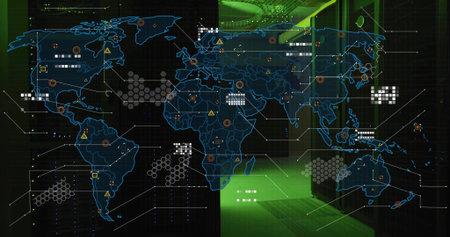 Displaying neon-blue world map hologram projecting network flows in data center, with server racks....