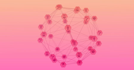 Displaying translucent wireframe sphere with hexagonal nodes and lab icons against peach gradient....