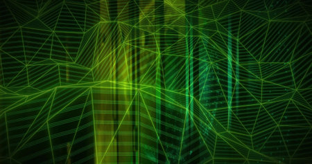 Glowing polygon mesh forming triangular peaks and valleys in 3D map, with light bands. Wireframe,...