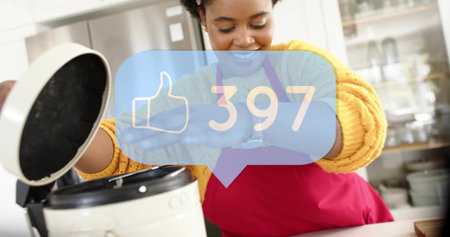 Receiving alert, woman in red-apron mustard-knit lifting white cooker lid at home 397 likes overlay....