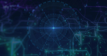 Animating central radial HUD rotating on indigo interface, with starburst, numeric labels and nodes....