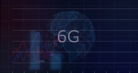 Displaying cyan wireframe globe overlaid by big 6G text on dashboard, featuring red and blue graphs....