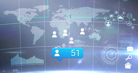 Displaying blue notification callout badge 51 over dashboard, showing dotted world map and nodes....