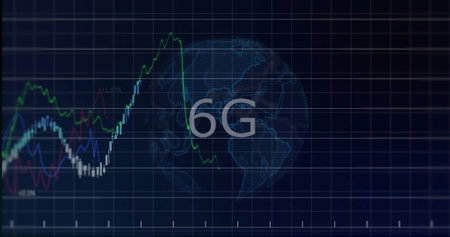 Showing centered 6G label hovering over wireframe globe in blue panel, with grid and line graphs....