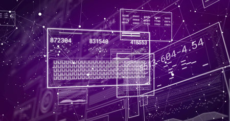 Displaying central translucent keyboard with overlaid HUD panels in purple data space, charts....