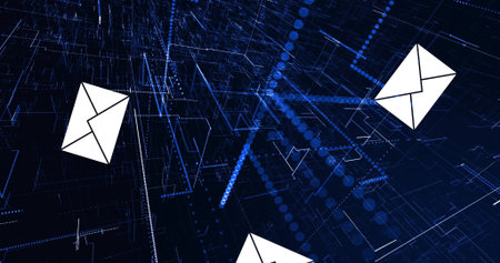 Floating three white envelope icons above navy-blue digital grid, with dotted lines and blue nodes. Network, data, communication, perspective, geometry, neon, cyberspaceの写真素材