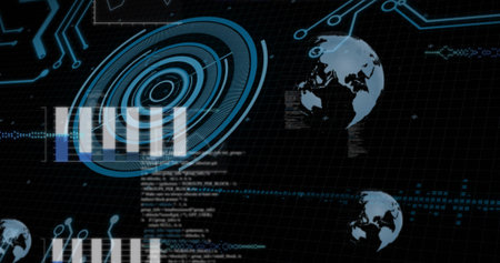 Rotating ringed radar HUD centering on dashboard, displaying scrolling code, bars, globe icons....
