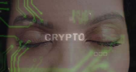 Displaying adult female face with closed eyes in studio composite, with CRYPTO and green circuits....