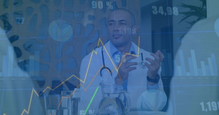 Talking doctor in lab coat gesturing, holding stethoscope at clinic meeting, with pitcher, charts....