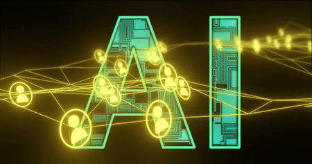 Glowing stylized AI letters dominating dark gradient backdrop, showing circuitry and avatar nodes....