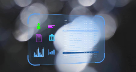 Floating translucent holographic panel showing colored icons charts data table over dark studio set....