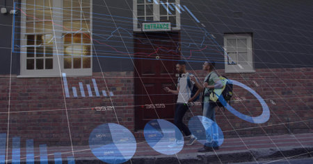 Animation of data processing and cityscape over diverse business people in office