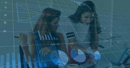 Animation of diverse business people over cityscapeの写真素材