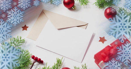 Displaying blank white greeting card resting atop open kraft envelope on tabletop, with red bauble....