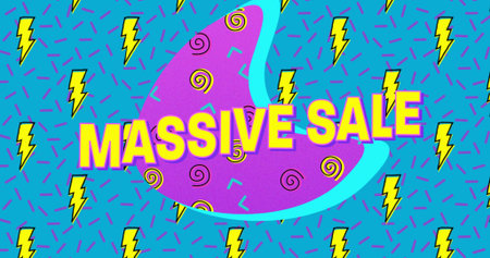 Showcasing neon MASSIVE SALE headline floating over purple crescent on teal patterned banner. Retro,...
