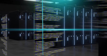 Displaying server racks glowing with cyan LED strips and status LEDs, beam crossing server room....
