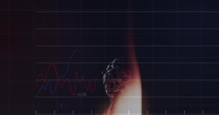 Burning charred ember glowing with flame on right in studio, with red-blue charts +2.1%, copy space....