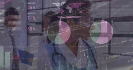 Walking nurse in blue scrubs with stethoscope and ID badge checking monitors in hospital, overlays....