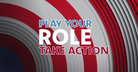 Featuring PLAY YOUR ROLE TAKE ACTION poster at studio with concentric bands and layered panels....