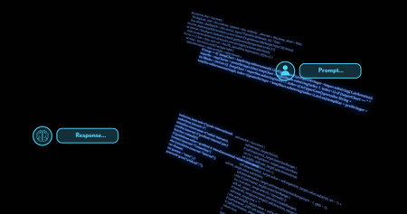 Floating neon-blue monospaced code blocks in dark space, Prompt and Response bubbles glowing cyan....