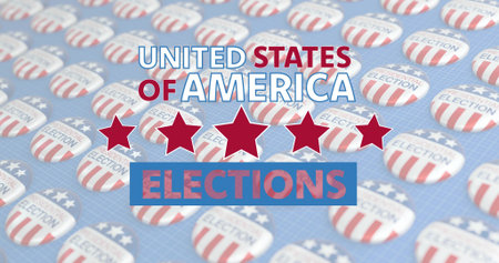 Showing UNITED STATES OF AMERICA centered over campaign buttons ELECTIONS banner and five red stars....