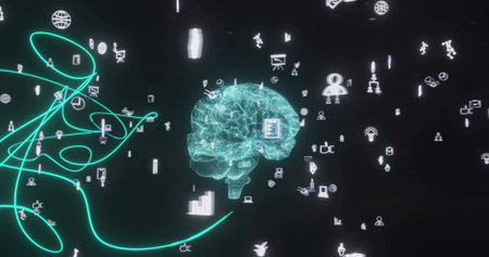 Cyan mesh brain receiving neon-green ribbon, linking floating icons and showing AI connections....