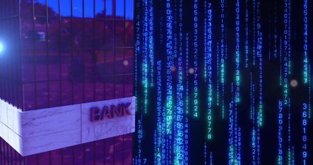 Displaying bank corner with BANK on marble band reflective glass cascading numeric code, copy space....