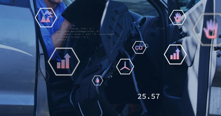 Inspecting tech leaning in car cabin, man sitting blue collar shirt, wheel overlays showing 25.57....