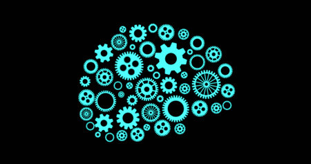 Vertical video: Gear-brain cluster rotating on data pulse, main gear driving network for technology....