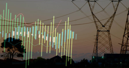 Dominating lattice towers and power lines standing on right at dusk, with data overlay, copy space....