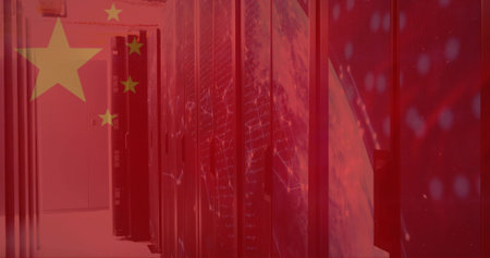 Glowing server racks humming in data center aisle, with perforated fronts and flag overlay....