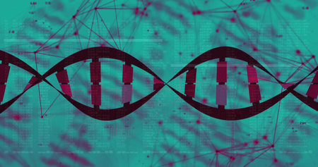 Showing central stylized double helix with magenta base blocks in digital art, with code overlays....