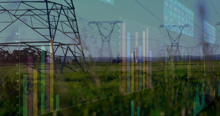 Showing power pylons and lines receding across rural corridor over grassy field, with data overlays....